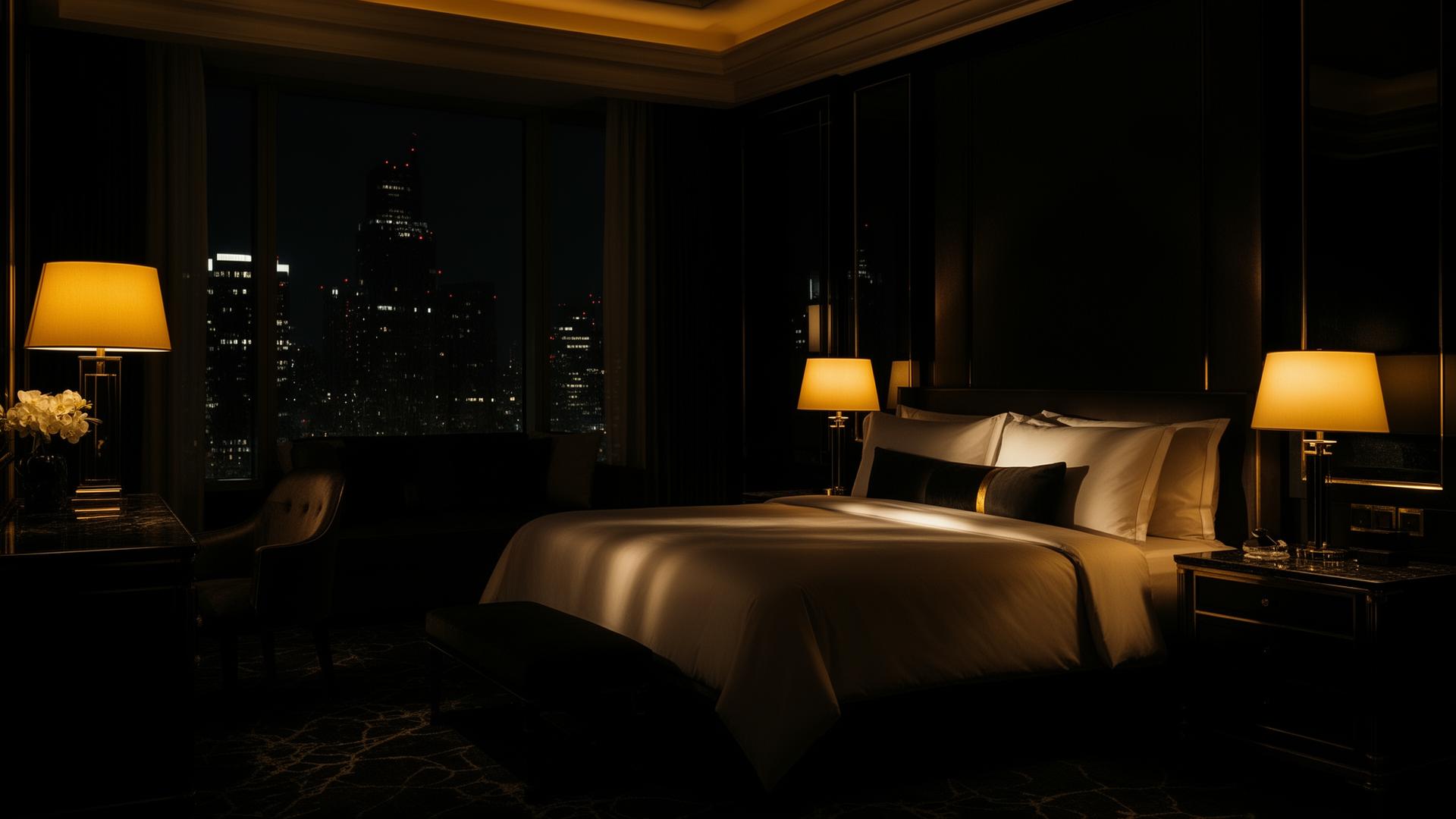 Luxury hotel suite at night with warm golden light