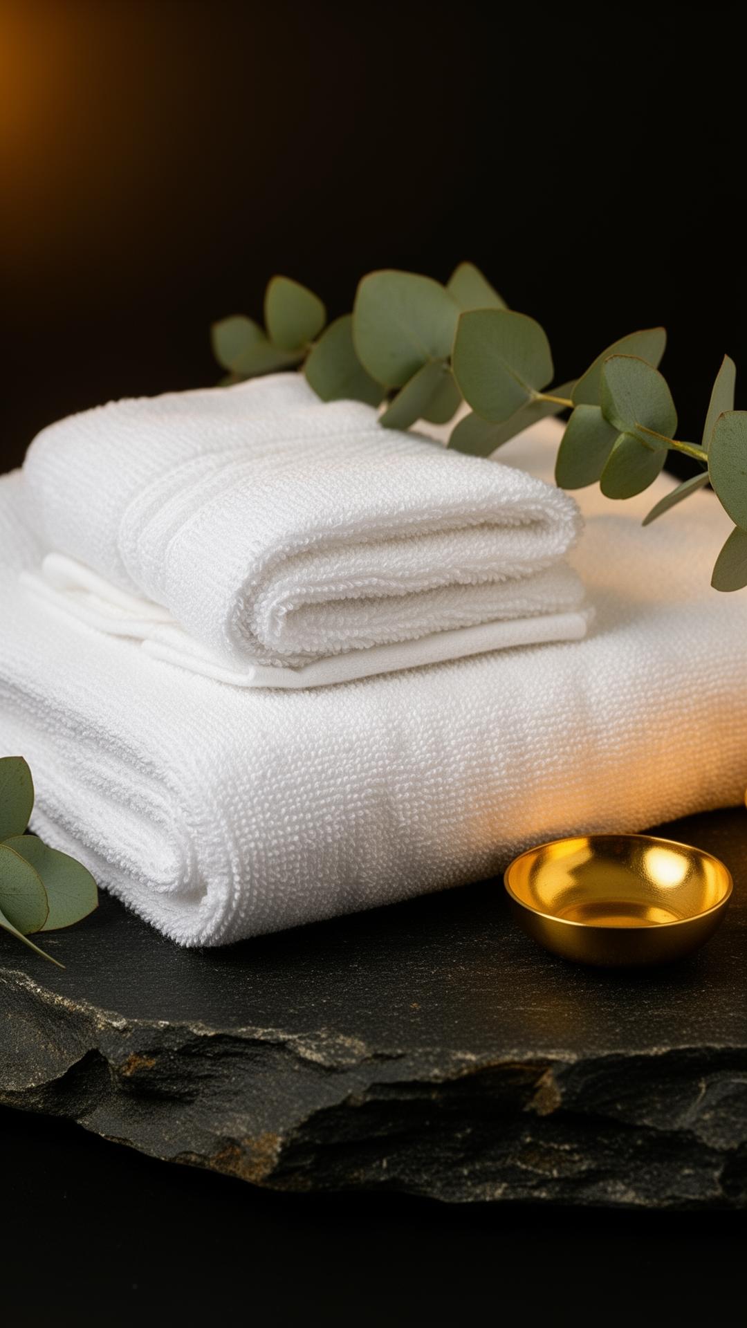 Folded white spa towels with eucalyptus